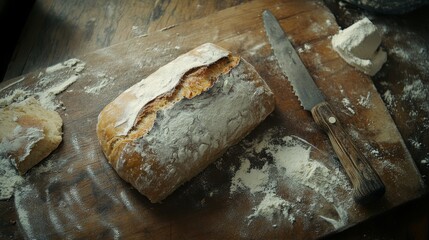 A rustic shot of a loaf of freshly baked bread on a wooden cutting board, with flour scattered around and a rustic knife ready to slice the bread.