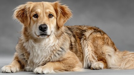 Obraz premium Fluffy-coated golden and brown dog with thick, well-groomed fur lying calmly on a light-colored surface, showcasing attentive brown eyes and a prominent black nose against a neutral gray background, h