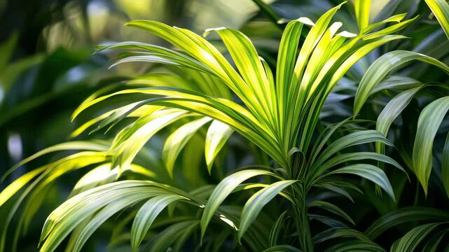 Close-up vibrant areca palm plant leaves with sunlight in lush green garden.