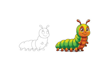 Obraz premium Adorable Cartoon Caterpillar Illustration Coloring Page and Finished Artwork