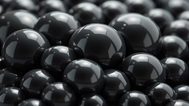 Shiny black spheres with reflective surfaces arranged in random pattern on dark background