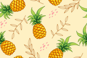 Pineapple with leaves line art summer seamless pattern for background fabric wallpaper 