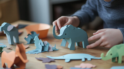 Child assembling paper animals for craft project at table