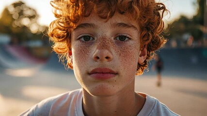 Portrait of a young boy with red curly hair and freckles at skate park, outdoors, child lifestyle, youth culture. - Powered by Adobe