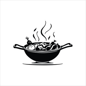 black wok cooking food, steam rising clip art preview