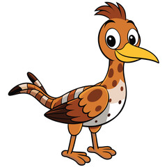 Cartoon brown hoopoe bird with yellow beak stands cheerfully against white background