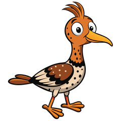 Animated comical bird with orange feathers and a long beak stands cheerfully on white