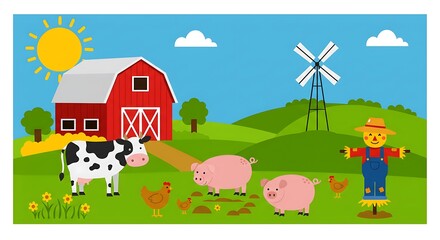 Naklejka premium Farm Animals in Rural Scene with Barn and Scarecrow