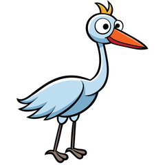 Cartoon heron stands tall with big eyes and a pointed orange beak on white
