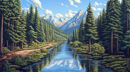 Mountain lake with a forest trail.