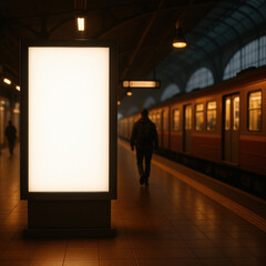 Dimly lit subway station features blank advertising panel, with silhouette of person walking past train. atmosphere is urban and moody