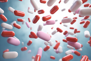 Levitation of medicine capsules on blue, health and treatment theme, background.