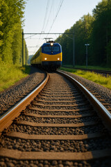 Yellow train travels along railway track surrounded by lush green trees, creating serene and picturesque scene