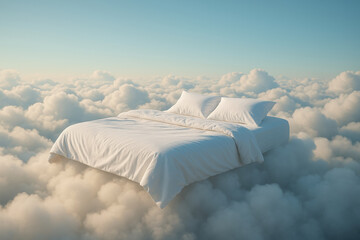 Serene bed floating on soft clouds creates dreamlike atmosphere, inviting relaxation and tranquility