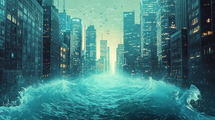 City submerged by a rising tide.