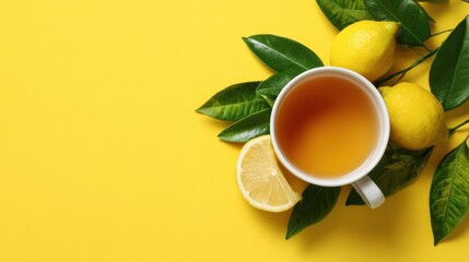 A cup of aromatic lemon tea sits beside fresh lemons and green leaves against a bright yellow backdrop. The arrangement creates a cheerful and inviting atmosphere