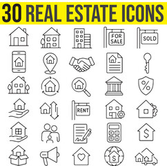 Real Estate Line Vector Icons With Editable Stroke. Pixel Perfect. This Set of Icons Includes: Residential, home, property, renting, Building, Agent, Investment, and Lease Agreement.