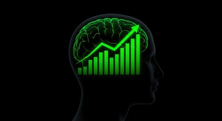 Growth mindset illustration of brain silhouette with increasing bar graph inside symbolizes success on black background