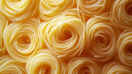 Photograph of spiraling strands of golden pasta creates a vortex-like pattern.