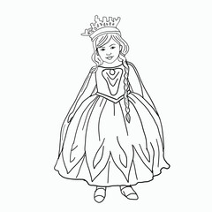 Fototapeta premium black and white line. little girl wearing a dress and a crown on her head. Cartoon Style Illustration