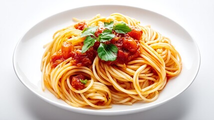 Photograph of spaghetti with tomato sauce and basil garnish served on a white plate.