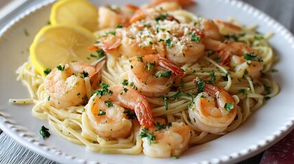 Photograph of shrimp pasta with parmesan and parsley served on a white plate.