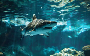 Fototapeta premium A menacing shark swims gracefully in the depths, its sharp teeth a testament to its position as an apex predator in the aquatic realm