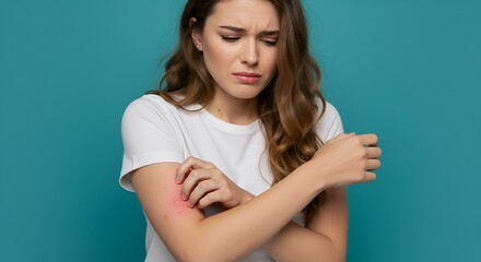 Young woman feeling itchy rash on forearm against blue background  