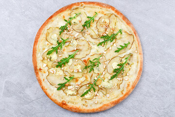 Gourmet White Sauce Pizza with Pear Slices Blue Cheese and Toasted Almonds