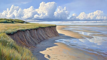 Coastal landscape with a dramatic cliff face and a tranquil beach.