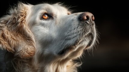 Close-up portrait of a golden-haired dog with a white muzzle, tilting its head slightly upwards with large, expressive orange eyes gazing intently into the distance. The soft, fluffy fur features a mi