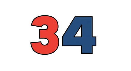 Number Thirty-four Graphic Red and Blue Design on White