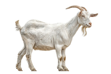 PNG White goat with curved horns and long beard standing sideways