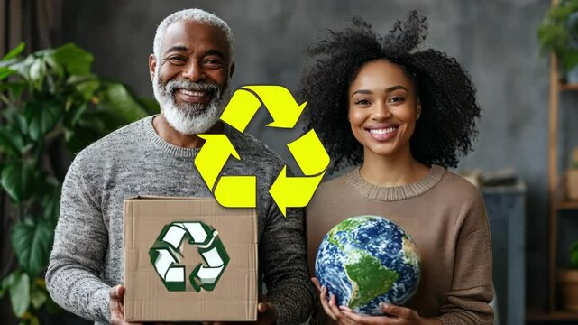 Smiling senior man and young woman holding recycling box and Earth globe, sustainability concept.