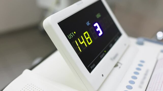 Fetal monitor or non stress test printing the baby's heart beats or electrocardiograph and mother uterine contraction during delivery or birth in delivery or labor room at hospital. Medical concept.