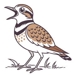 Cartoon bird on grass opens its beak to sing a beautiful song