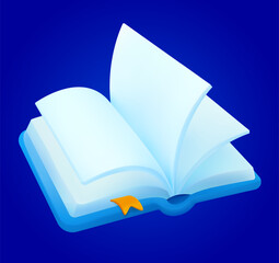 3d opened flipping book with bookmark isolated on background. Opened book icon in 3d vector illustration. Vector illustration