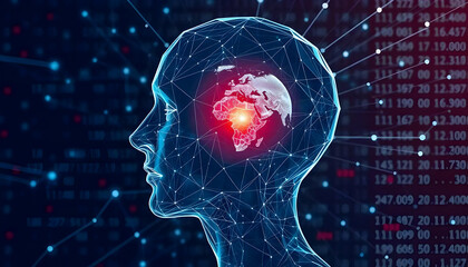 Fototapeta premium Digital Human Head Profile Depicting Brain Activity And Data Streams On Dark Blue Background