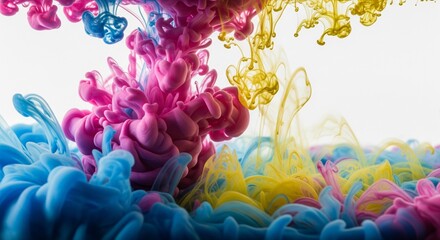 Vibrant pink, blue, and yellow ink plumes swirl and spread through clear water against a white background, creating abstract, organic shapes