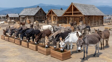 Donkeys Drinking Water Under Bright