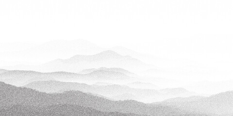 Minimal stipple illustration of mountain layers with soft halftone fog. Light grainy texture and peaceful monochrome tones.