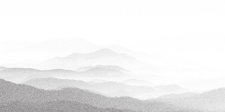 Minimal stipple illustration of mountain layers with soft halftone fog. Light grainy texture and peaceful monochrome tones.