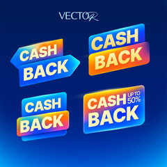 Set of 3d cash back labels, isolated on gradient background. Cash back badges in 3d vector. Vector illustration