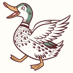 Cartoon duck is walking with an open beak while its wings are spread