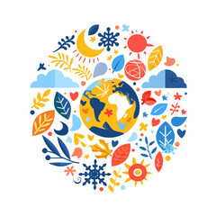 Fototapeta premium Flat illustration of Earth surrounded by seasonal, day and night symbols in a circular composition. Bright, colorful eco-themed decorative design