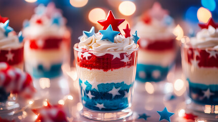 Festive patriotic desserts in glass cups. 