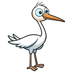 Cartoon egret bird stands cheerfully with its vibrant orange beak and blue outlined eyes