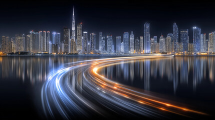 Obraz premium Nightscape of City Lights: The mesmerizing cityscape at night unveils a breathtaking panorama of towering skyscrapers aglow, reflecting beautifully onto the still water.