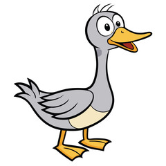 Cartoon goose smiles with happy expression, standing upright and looking forward on white