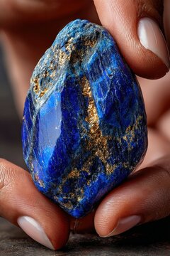 Beautiful lapis lazuli stone held in hand showcases rich color and texture